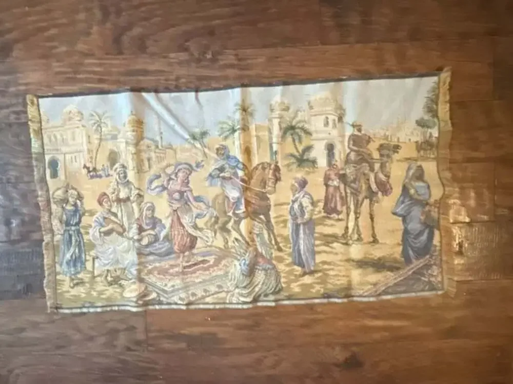 Vintage Woven Tapestry Middle Eastern Market Scene Size 33x18